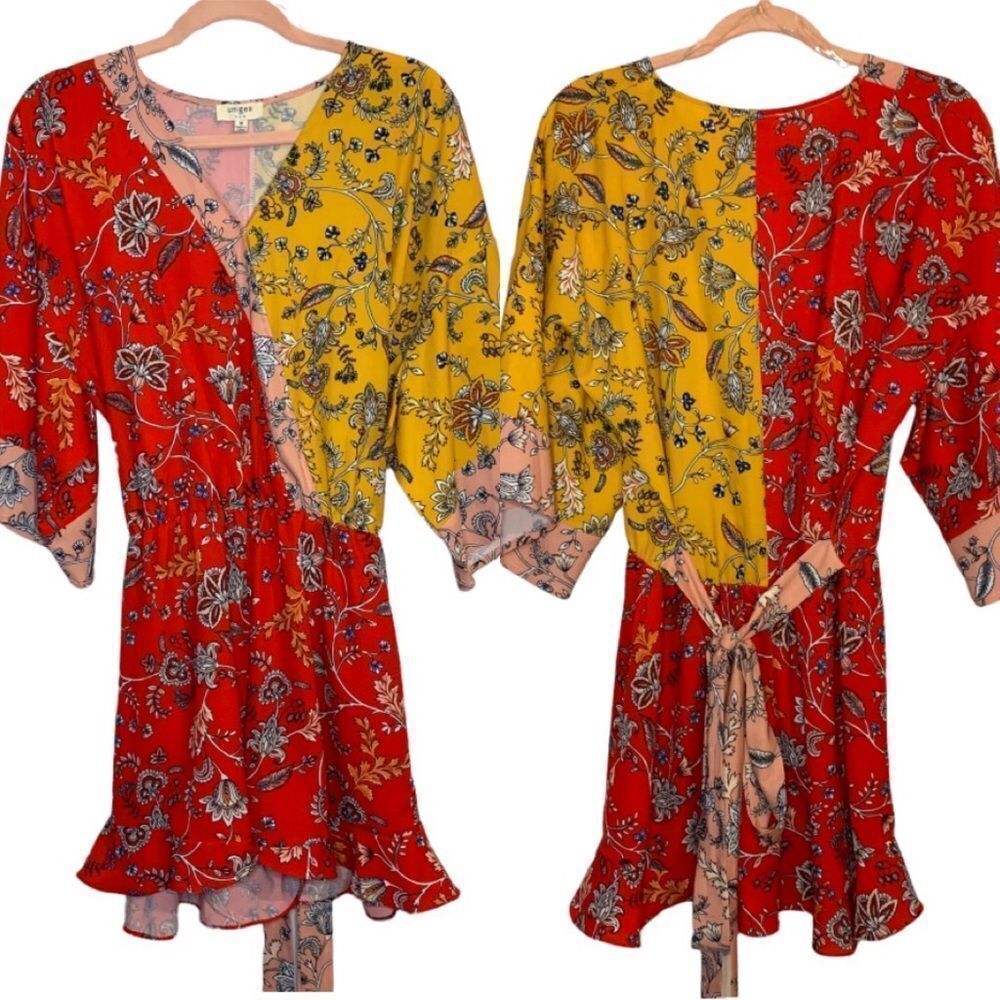 Umgee Red and Yellow Floral Colorblock Kimono Sleeve Ruffled Romper